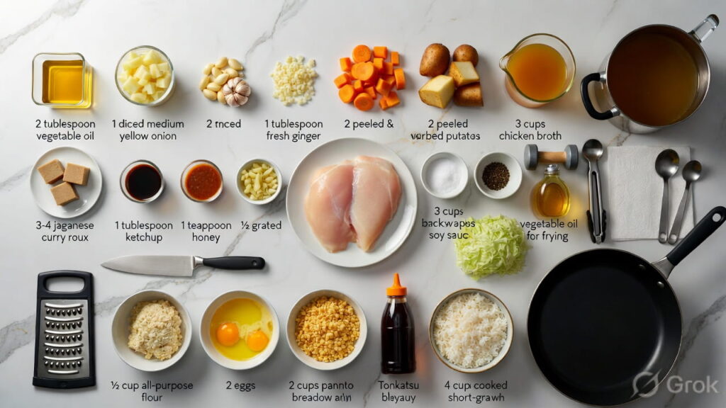AI Image Prompt: Create a 16: 9 overhead image showing 2 tablespoons vegetable oil in a small glass container, 1 diced medium yellow onion, 2 minced garlic cloves, 1 tablespoon minced fresh ginger, 2 peeled and diced carrots, 2 peeled and cubed potatoes, 3 cups chicken broth in a glass pitcher, 3-4 Japanese curry roux blocks on a small plate, 1 tablespoon soy sauce, 1 tablespoon ketchup, 1 teaspoon honey, ½ grated apple, 4 boneless skinless chicken breasts on a white plate, small bowls with salt and black pepper, ½ cup all-purpose flour in a shallow bowl, 2 beaten eggs in a shallow bowl, 2 cups panko breadcrumbs in a shallow bowl, vegetable oil for frying in a bottle, 4 cups cooked short-grain white rice in a bowl, tonkatsu sauce bottle, shredded cabbage, large pot, large skillet, three shallow bowls, meat mallet, plastic wrap, tongs, paper towels, chef's knife, cutting board, grater, and measuring cups and spoons arranged on white marble counters with hints of gold, natural lighting, shot from directly above with an iPhone 15 Pro in the style of popular food bloggers.